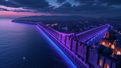 Obraz premium Illuminated city fortress illuminated by striking purple lights reflecting in the evening waters with buildings
