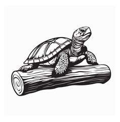A Small Turtle Crawling Calmly Across a Wooden Log Vector Nature Design
