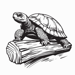 Turtle Walking Slowly on a Wooden Log in Peaceful Nature Vector Illustration