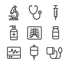 Medical Discovery Icons. Outline icon set of medical discoveries: microscope, stethoscope, vaccine syringe, antiseptic bottle,