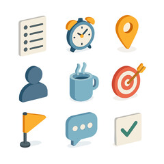 Meeting Agenda Icons. Isometric Flat icon set of meeting agenda elements: agenda list, time slot, topic marker, speaker icon,