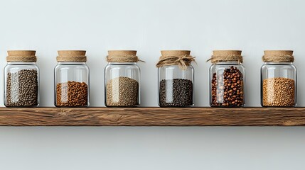 Assorted dried legumes and grains in glass storage jars with cork lids arranged on wooden shelf, minimalist pantry organization for sustainable kitchen lifestyle.