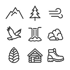 Misty Mountain Icon Set. Outline icon set of misty mountain forest: mountain peak, pine tree, mist wave, eagle, waterfall, rocky