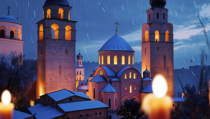 Illuminated orthodox church during a snowfall showing architectural details and warm inviting light on a cold winter night