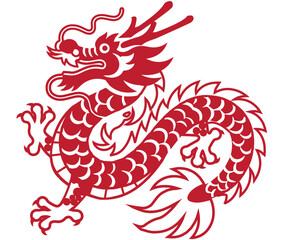 Lunar New Year Red Dragon Papercut Design – Traditional Asian Mythical Animal Symbol of Strength, Wisdom, and Celebration