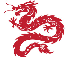 Mythical Red Dragon in Traditional Chinese Papercut Style – Zodiac Sign for the Year of the Dragon, Folk Illustration Design