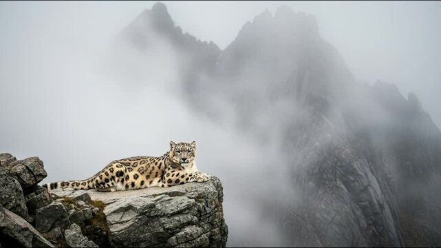A snow leopard resting on a rocky outcrop with mountains and fog in the background in a scenic view