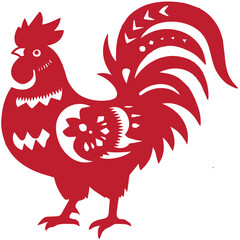 Chinese New Year Rooster Sign in Red Papercut Silhouette – Feng Shui Good Luck Charm, Symbol of Confidence, Loyalty, and Strength