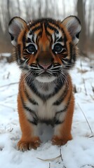 Obraz premium Close-up portrait of adorable tiger cub standing in snow with bright blue eyes and distinctive orange and black striped fur pattern, looking directly at camera.