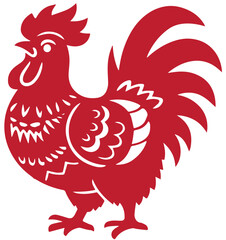Oriental Rooster Silhouette in Red Paper Cut Style, Chinese New Year Zodiac Animal Illustration, Feng Shui Decor and Cultural Symbol