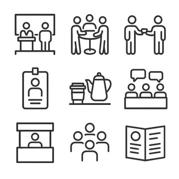 Networking Event Icons. Outline icon set of global networking events: conference stage, networking table, business card exchange,