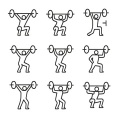 Olympic Lifting Icons. Outline icon set of Olympic weightlifting moves: snatch, clean, jerk, split jerk, power snatch, power clean
