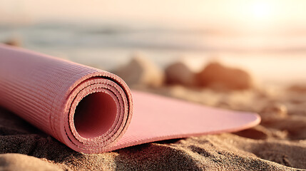 Serene beach sunset with yoga mat on golden sand under soft pink and orange sky, peaceful ocean waves in distance, tranquil coastal atmosphere for relaxation.