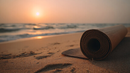 Serene beach sunset with yoga mat on golden sand under soft pink and orange sky, peaceful ocean waves in distance, tranquil coastal atmosphere for relaxation.