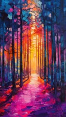 Pine forest rendered in abstract expressionism style, employing bold brushstrokes and vivid colors to convey the essence and atmosphere of the forest in an artistic manner.