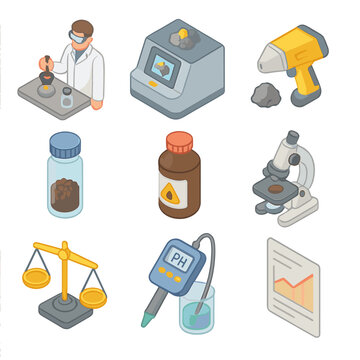 Ore Testing Icons. Isometric Flat icon set of ore quality testing: assay lab, spectrometer, XRF analyzer, sample vial, chemical