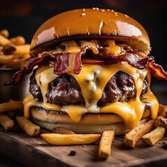 A double cheeseburger with bacon and fries on a wooden board in a close up shot with dark background