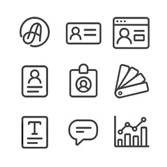 Personal Branding Icons. Outline icon set of personal branding and marketing: logo design, business card, personal website, social