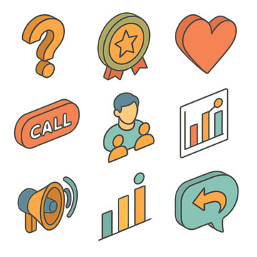 Persuasive Writing Icons. Isometric Flat icon set of persuasive writing tools: rhetorical question mark, appeal to ethos badge,