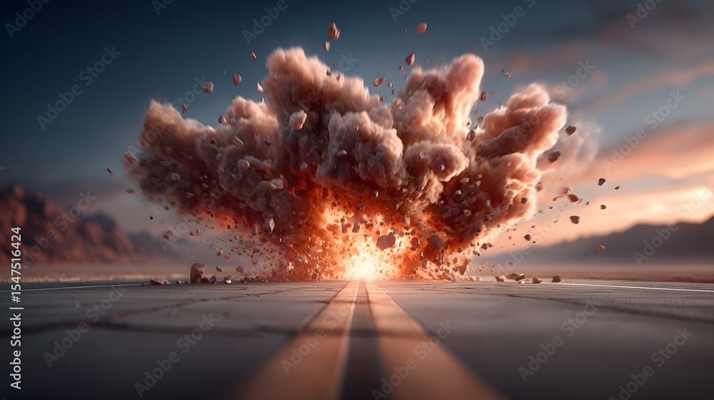 Poster fiery blast erupts in the middle of a desolate desert road creating a powerful explosion with toweri