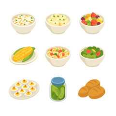 Picnic Side Dishes Icons. Isometric Flat icon set of picnic side dishes: coleslaw bowl, potato salad, fruit salad, corn on the cob