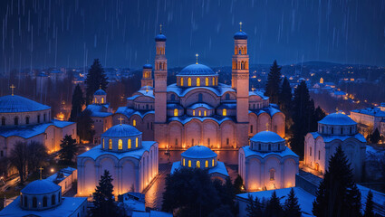 Majestic illuminated orthodox christian church complex under a dark rainy night sky evoking peace and serenity.
