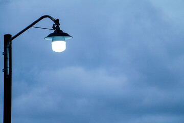 The lamp post one night shone with a faint light through the night mist. Street lights shine at...