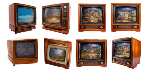 Vintage Television Set Collection with Unique Designs and Colors, Isolated on Transparent, white background