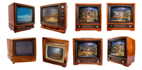 Vintage Television Set Collection with Unique Designs and Colors, Isolated on Transparent, white background