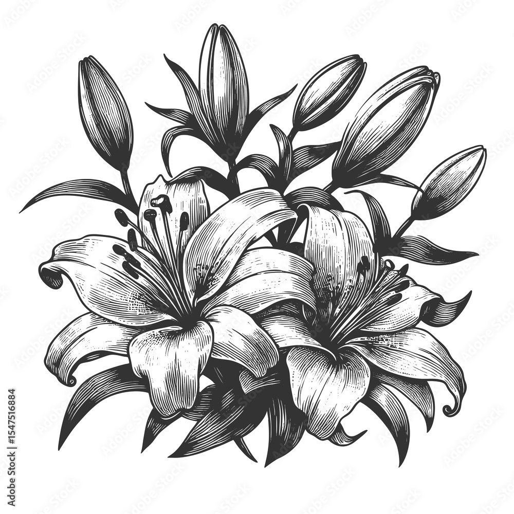 Poster lily flower sketch engraving generative ai fictional character raster illustration. scratch board im