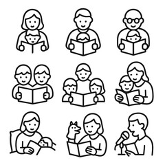 Reading Icons Outline. Outline icon set of parent-child reading: mother and child, father and child, grandparent reading, sibling