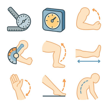 Range of Motion Icons. Isometric Flat icon set of range of motion measurement: goniometer protractor, inclinometer, arm flexion