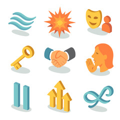 Rhetorical Device Icons. Isometric Flat icon set of rhetorical devices and figures: alliteration waves, hyperbole explosion,