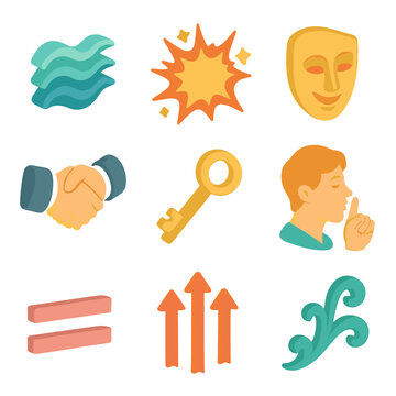 Rhetorical Device Icons. Isometric Flat icon set of rhetorical devices and figures: alliteration waves, hyperbole explosion,