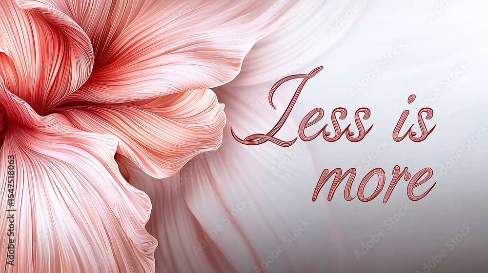 Poster the quote less is more in an elegant script over a macro background of soft pink flower petals, symb