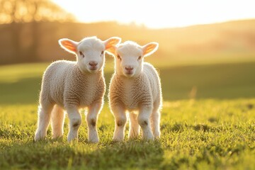 Two adorable lambs standing on a lush green field at sunset