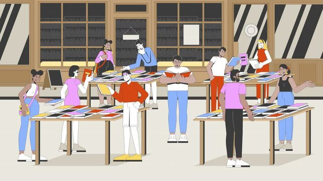 Bookfair with people browsing books on tables 2D cartoon animation. Library event. Literary festival. Writers readers on book fair animated flat characters 4K video background scene storytelling