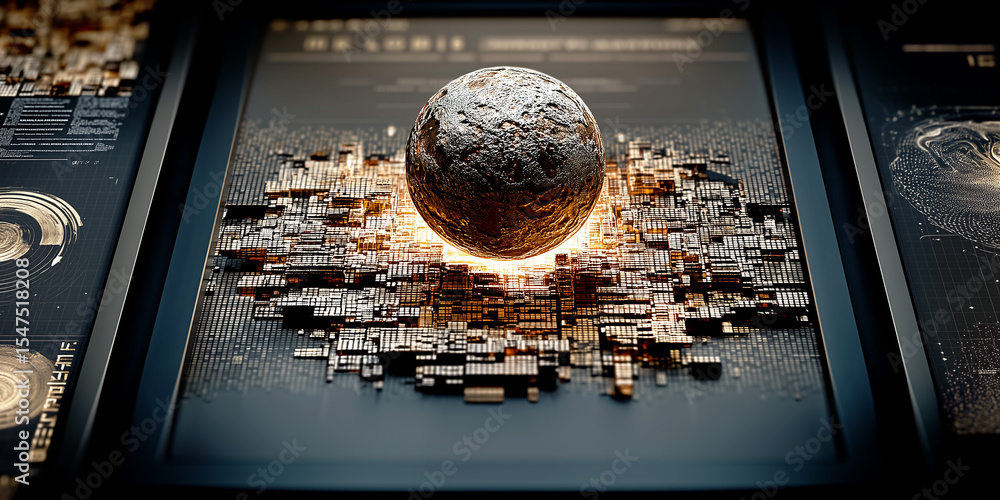 Aufkleber a textured sphere levitates over a glowing microchip city, representing an artificial intelligence c