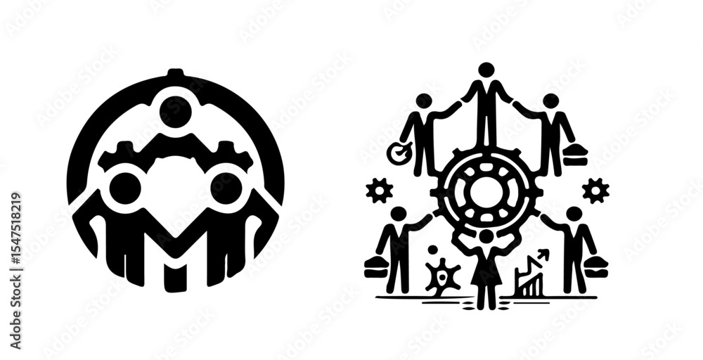 Aufkleber Visual representation of teamwork and collaboration with people gears and interconnected network diagrams shown