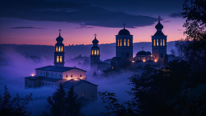 Mystical european monastery illuminated at dusk featuring foggy landscape and a stunning purple sky