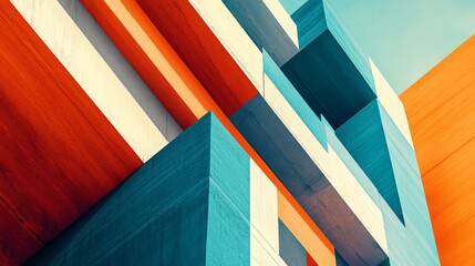 Abstract architecture with colorful stripes and geometric shapes against a light blue sky.
