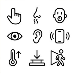 Sensory Interaction Icons. Outline icon set of sensory interactions: touch, smell, taste, sight, sound, vibration alert,