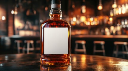 Whiskey Bottle Mockup with Blank Label on Bar Counter