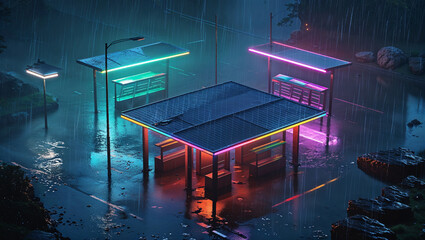 Neon lit futuristic bus stops reflect in rain water at night creating a cyberpunk aesthetic perfect for digital design