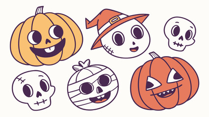 Halloween Cartoon Characters Set Hand Drawn Cute Funny Spooky Pumpkins Skulls Mummy Icons
