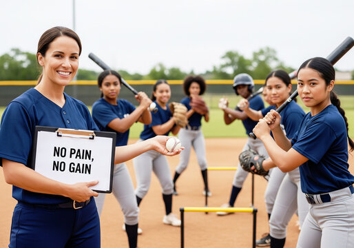A smiling female softball coach holds a clipboard with the motivational quote No pain, No gain, standing with her diverse team of players. - Powered by Adobe