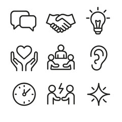 Soft Skills Icons. Outline icon set of soft skills development: speech bubble, handshake, lightbulb idea, empathy heart, group