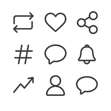 Social Media Icons. Outline icon set of social media quote sharing: retweet arrows, like heart, share icon, hashtag, comment