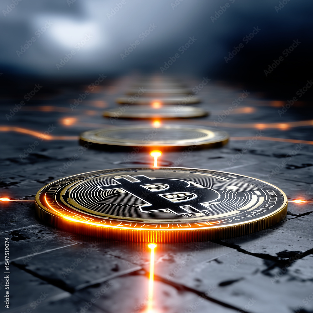 Poster a close up of a physical bitcoin coin connected to a glowing orange network, representing blockchain