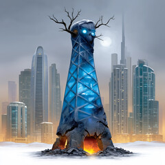 A menacing dystopian tower with a glowing skull and fiery base looms over a snow-covered modern city skyline.